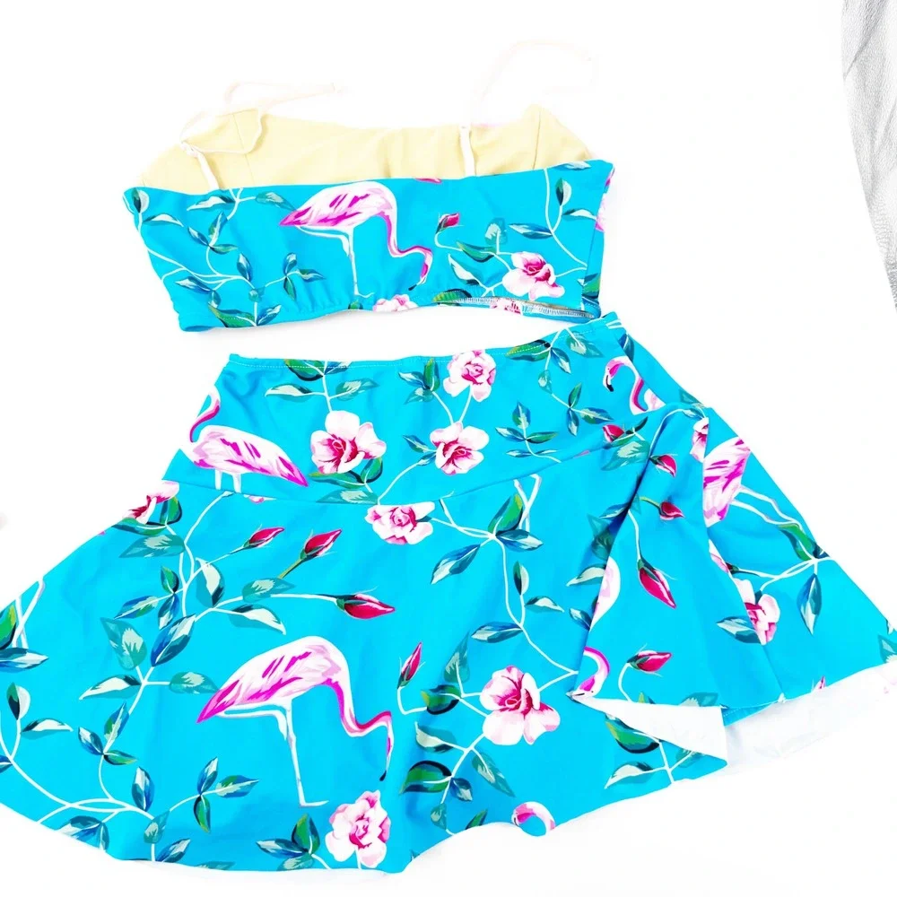 Red Dolly Swimwear‎ Blue Pink Flamingo Floral Retro Skirted Two Piece Swimsuit M